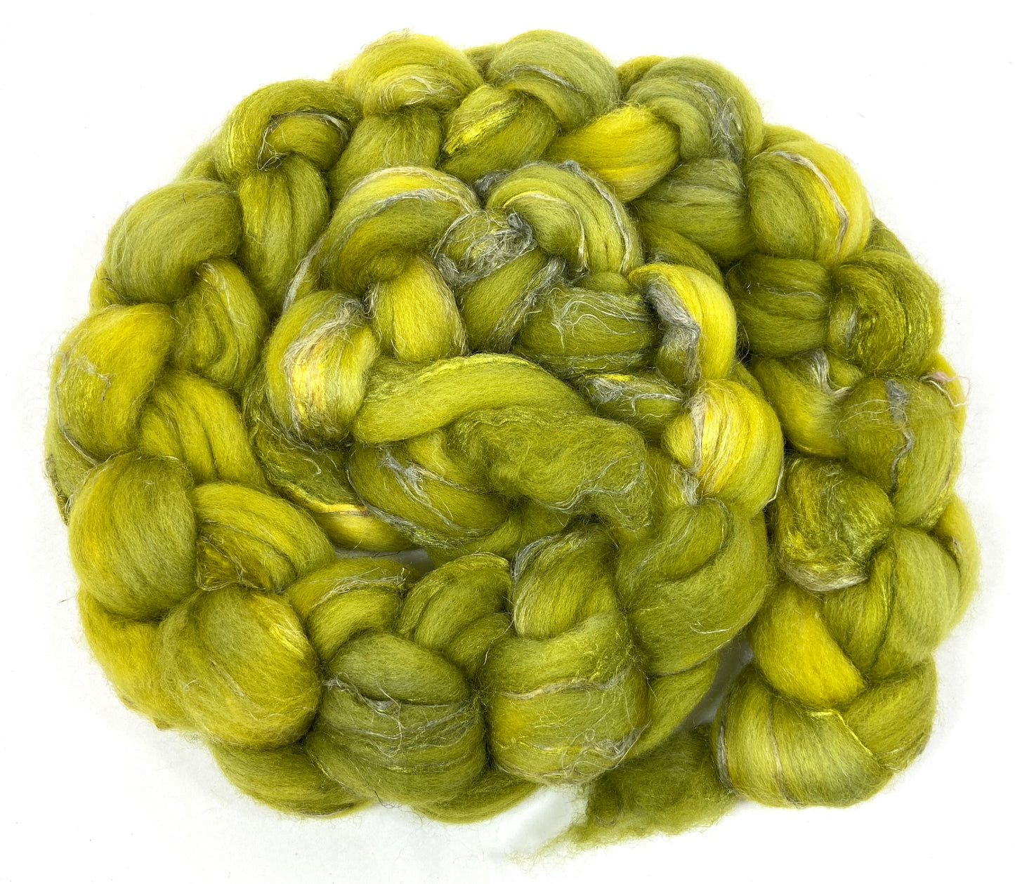 Ripe Olive Half Strength - 4 oz Merino, silk, flax combed top, roving, spinning fiber, handspinning, felting, needle felting, weaving supplies