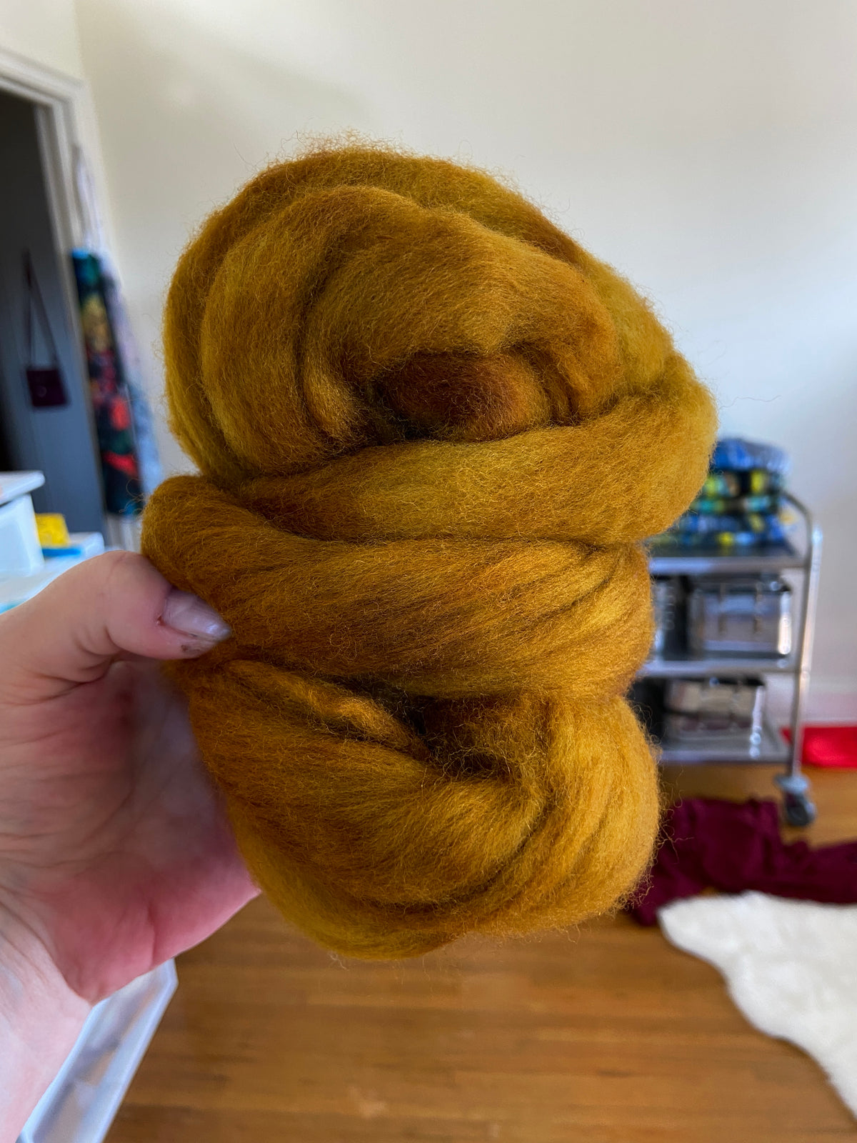 Mustard Olive - 2 oz hand dyed semisolid wool combed top
