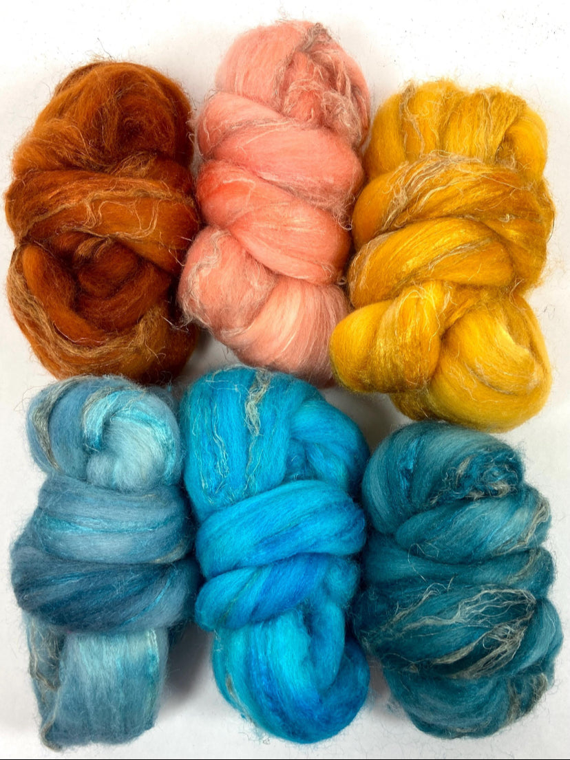Combo Pack - 6 oz, Merino, silk, flax combed top, mirrored gradient, roving, spinning fiber, handspinning, felting, wool, 1022-04