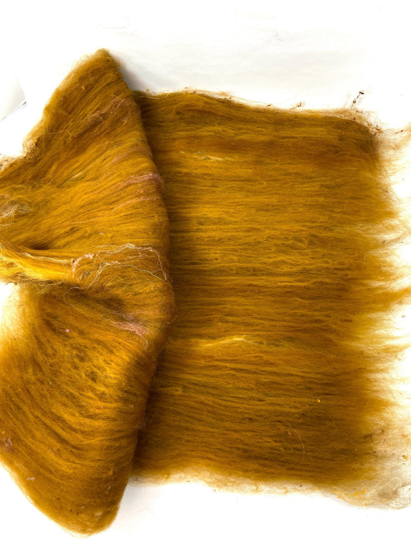 Mustard Olive Batt 0710-03 - 2.6 oz Falkland Islands Merino wool, silk, noils, spinning fiber, handspinning, nuno, felting wool, weaving