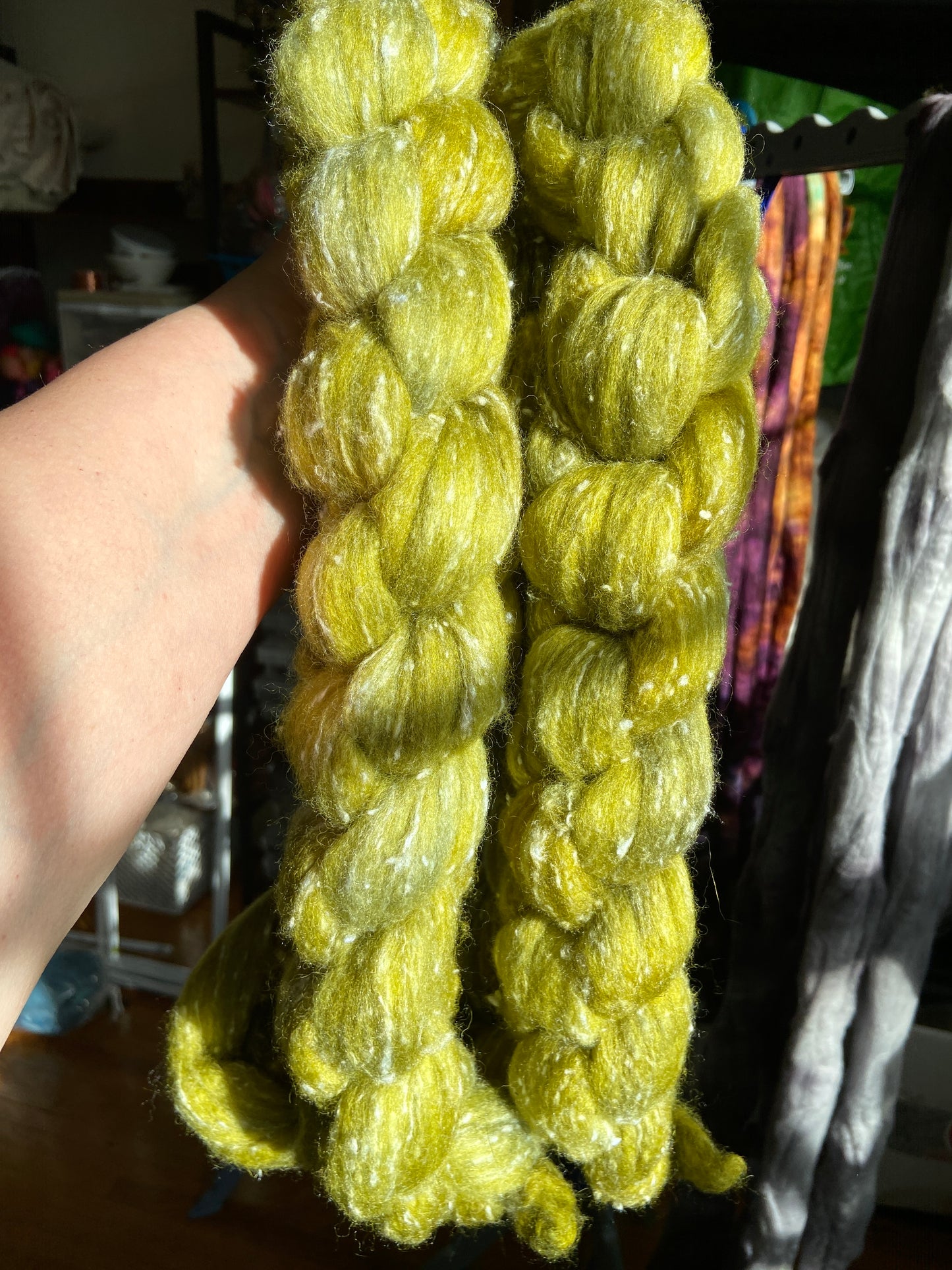 Ripe Olive - 4 oz 80/20 South American wool/rayon nepps combed top, roving, spinning fiber, handspinning, felting, needle felting, weaving supplies