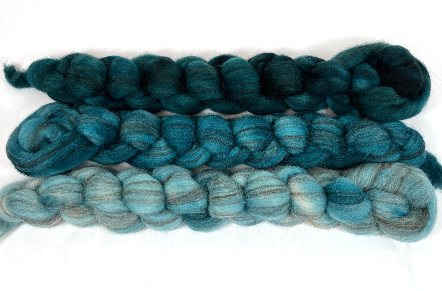 Gradient Set - Mallard, Teal and Seafoam - 6 oz BFL Swirl wool combed top, roving, spinning fiber, handspinning, felting, needle felting, weaving supplies