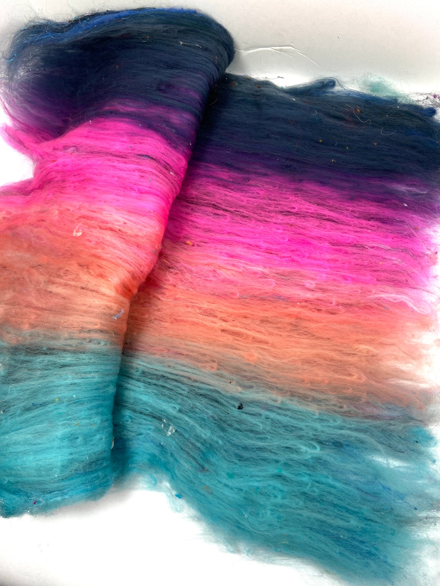 Flamingo Batt 1011-01 - 2.9 oz Falkland Merino wool, silk, noils, spinning fiber, drumcarded, handspinning, nuno, felting wool, weaving