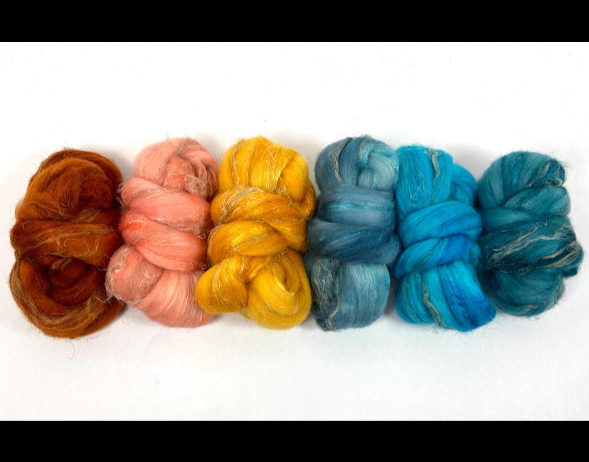 Combo Pack - 6 oz, Merino, silk, flax combed top, mirrored gradient, roving, spinning fiber, handspinning, felting, wool, 1022-04