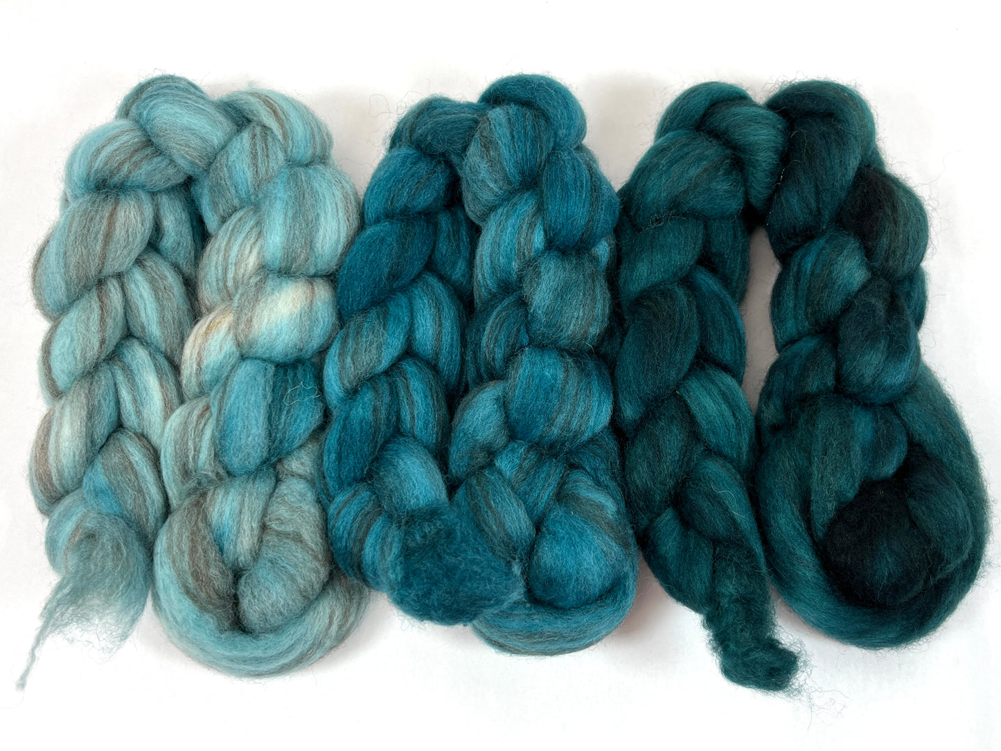 Gradient Set - Mallard, Teal and Seafoam - 6 oz BFL Swirl wool combed top, roving, spinning fiber, handspinning, felting, needle felting, weaving supplies