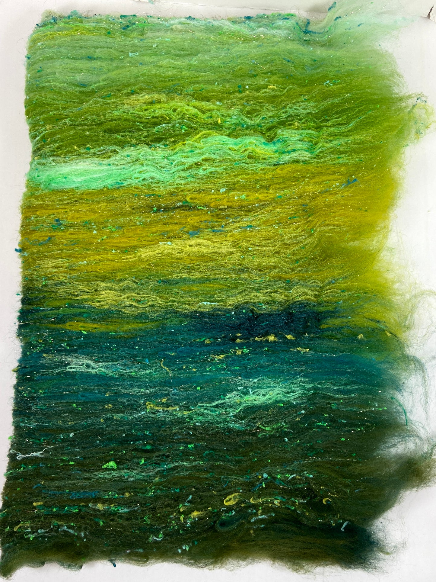 Emerald Isle Batt 1018-01- 2.6 oz Targhee wool, silk, noils, spinning fiber, drumcarded, handspinning, nuno, felting wool, weaving