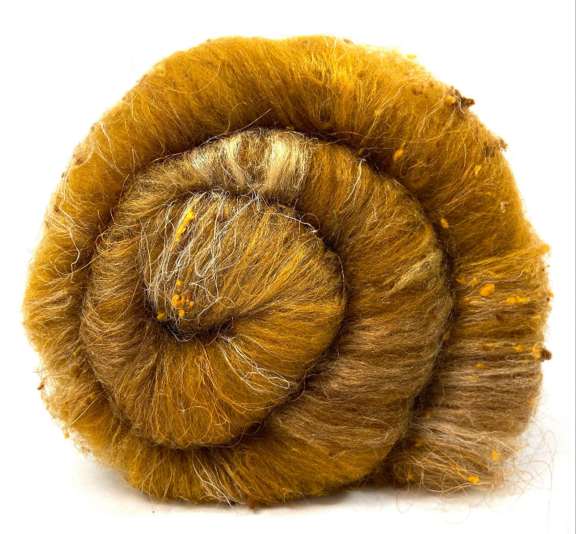 Mustard Olive Batt 0710-03 - 2.6 oz Falkland Islands Merino wool, silk, noils, spinning fiber, handspinning, nuno, felting wool, weaving