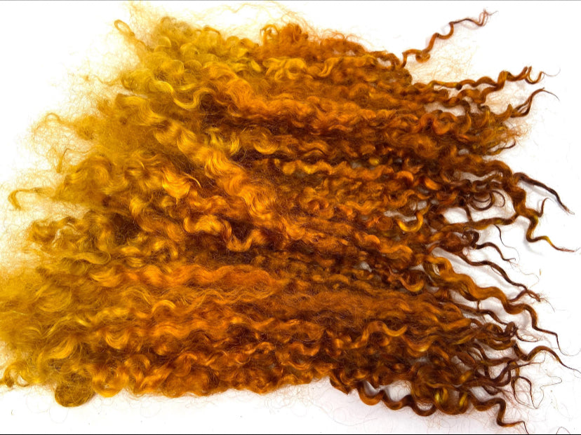 Wensleydale locks, .6 oz, Mustard Olive, 6-8 inches long, super clean, spinning, long locks, felting, doll hair, nuno, lockspun yarn 0908-12