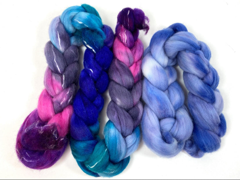 Midnight Fantastic and Blue Hydrangea Ply Party - 6 oz total, Falkland Merino wool combed top, roving, spinning fiber, handspinning, felt