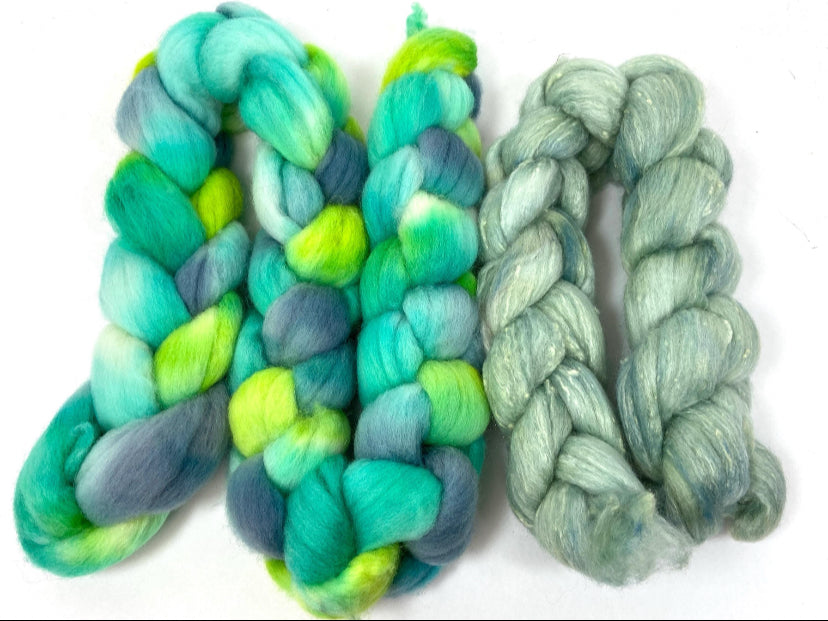 Water Sprite and Celadon Ply Party - 6 oz total, Falkland Merino wool combed top, roving, spinning fiber, handspinning, felting, nuno