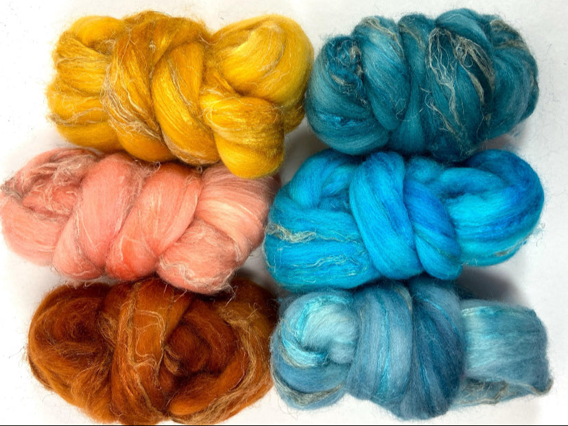 Combo Pack - 6 oz, Merino, silk, flax combed top, mirrored gradient, roving, spinning fiber, handspinning, felting, wool, 1022-04