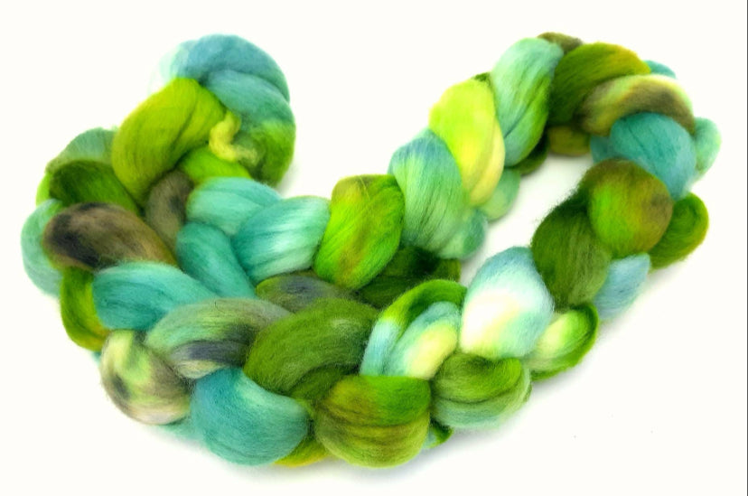 Katydid - 4 oz hand painted wool combed top, roving, spinning fiber, handspinning, felting