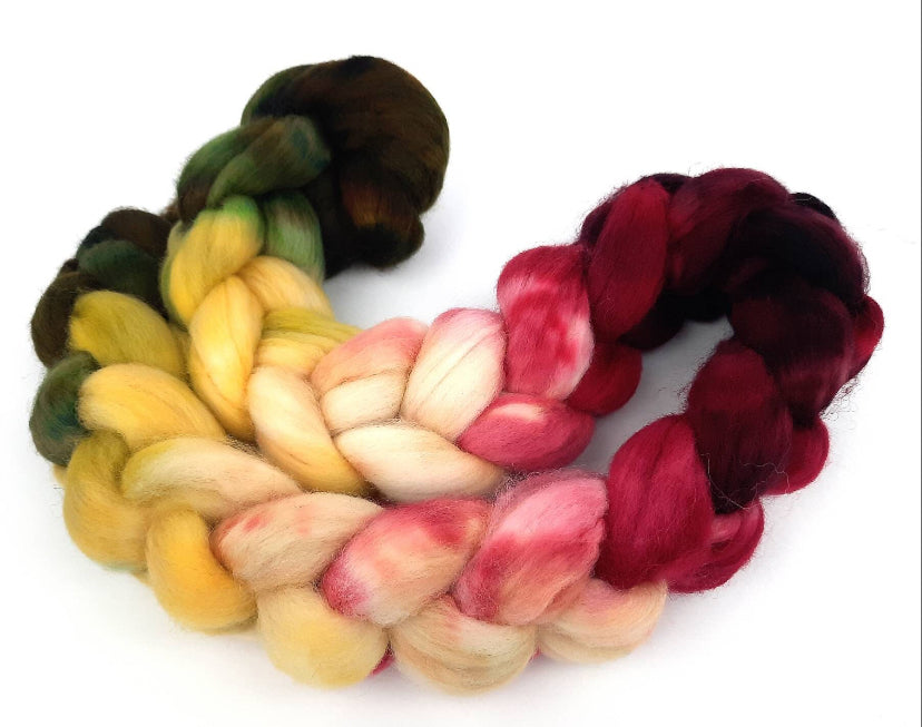 Victoriana MG - 4 oz hand painted wool combed top, roving, spinning fiber, handspinning, felting