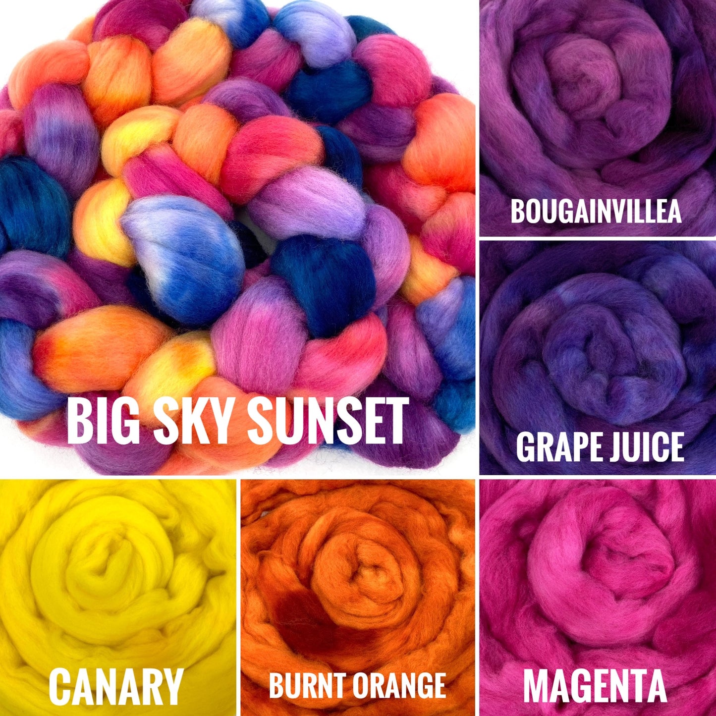 Big Sky Sunset SC - 4 oz hand painted wool combed top, roving, spinning fiber, handspinning, felting
