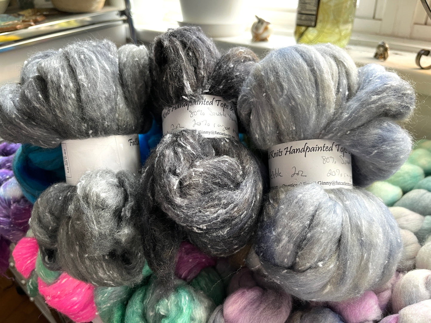 Grays Combo Pack - 6 oz- 80/20 South American wool/rayon nepps combed top, roving, spinning fiber, handspinning, felting, wool, gradient kit