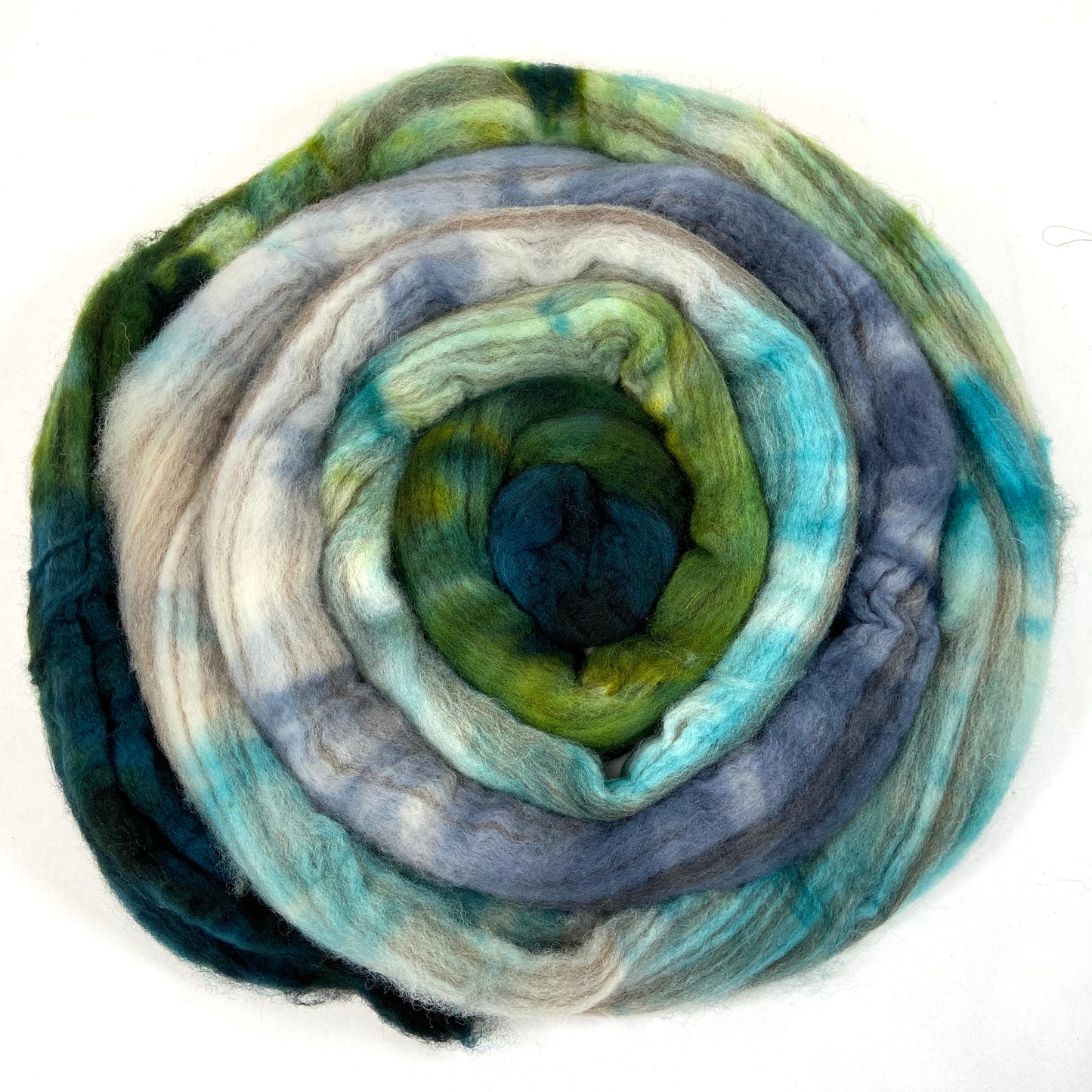 Cool River MG - 4 oz BFL Swirl wool combed top, roving, spinning fiber, handspinning, felting, needle felting, weaving supplies