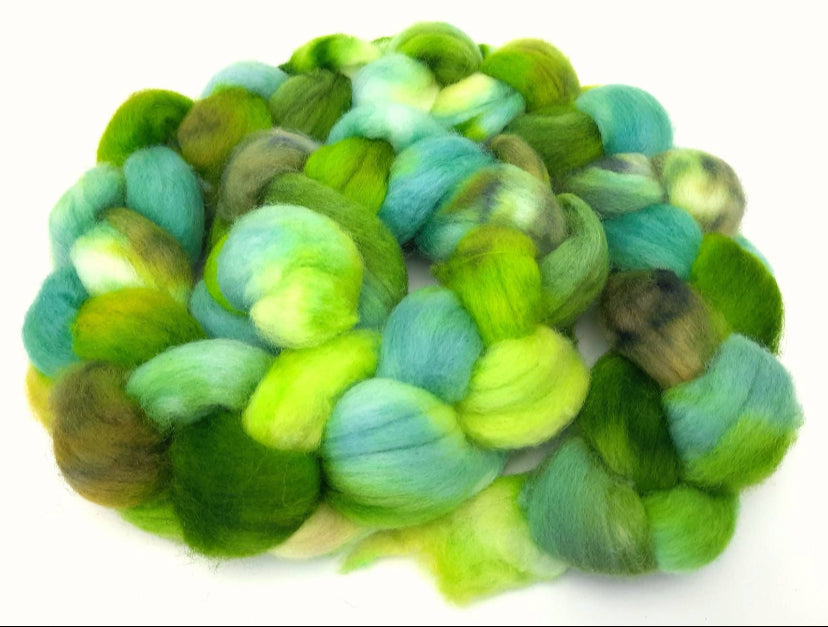 Katydid - 4 oz hand painted wool combed top, roving, spinning fiber, handspinning, felting
