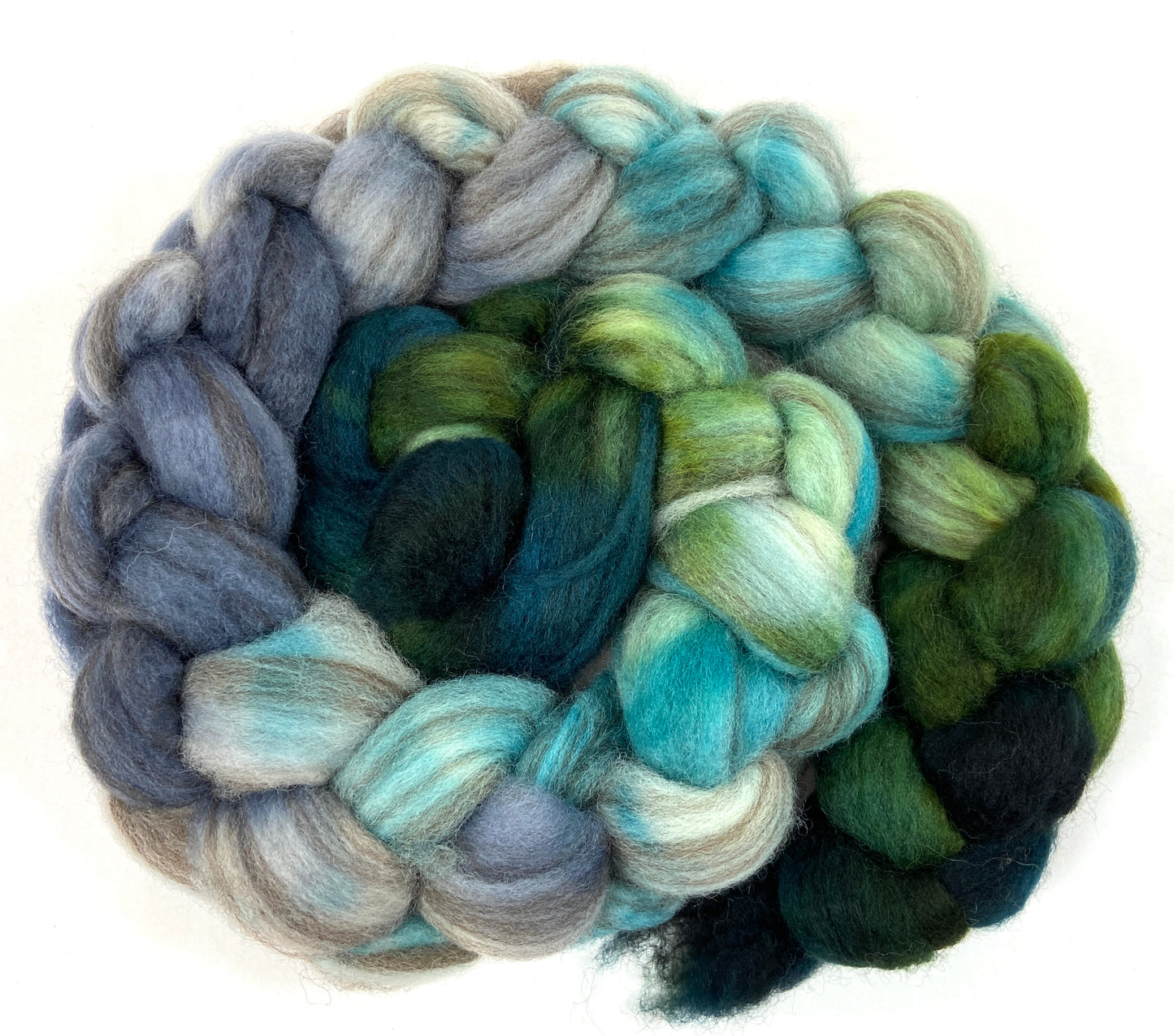 Cool River MG - 4 oz BFL Swirl wool combed top, roving, spinning fiber, handspinning, felting, needle felting, weaving supplies