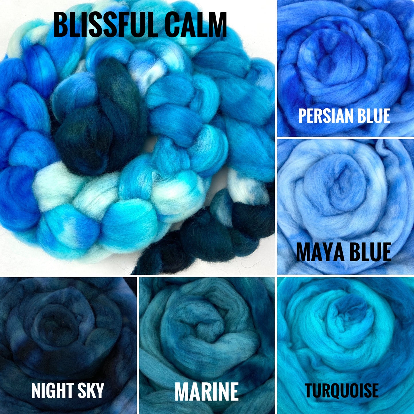 Blissful Calm MG - 4 oz hand painted wool combed top, roving, spinning fiber, handspinning, felting