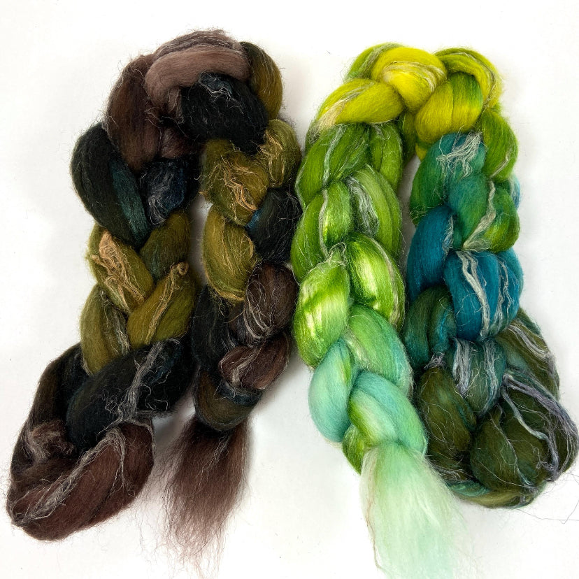 Emerald Isle MG and Peat Bog SC combo - 4 oz total, Merino/silk/flax wool combed top, roving, spinning fiber, handspinning, felting, weave