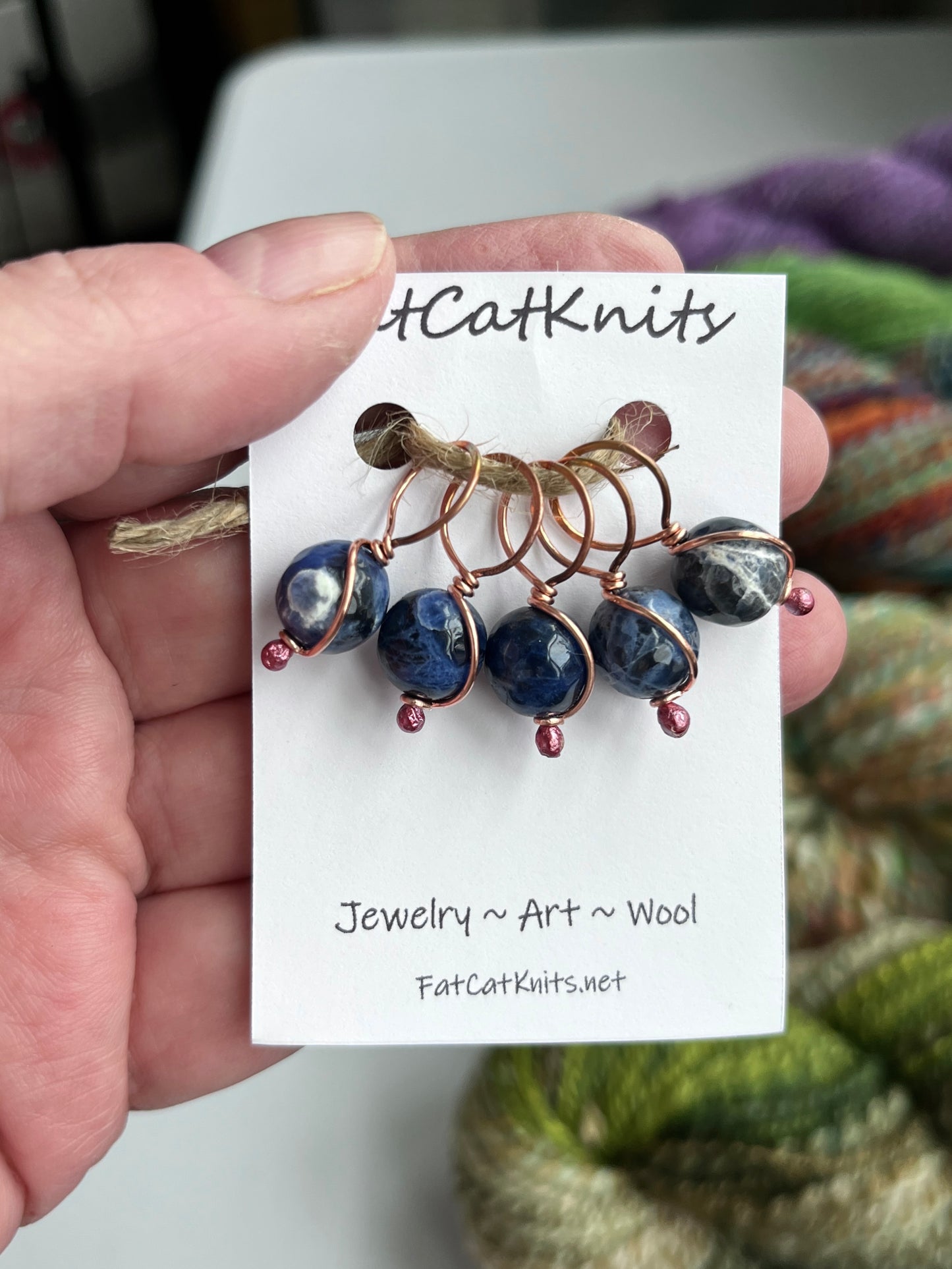 Handmade stitch markers, sodalite and copper, fits up to 8 mm knitting needles, set of 5, bracelet charms, SM0107-01