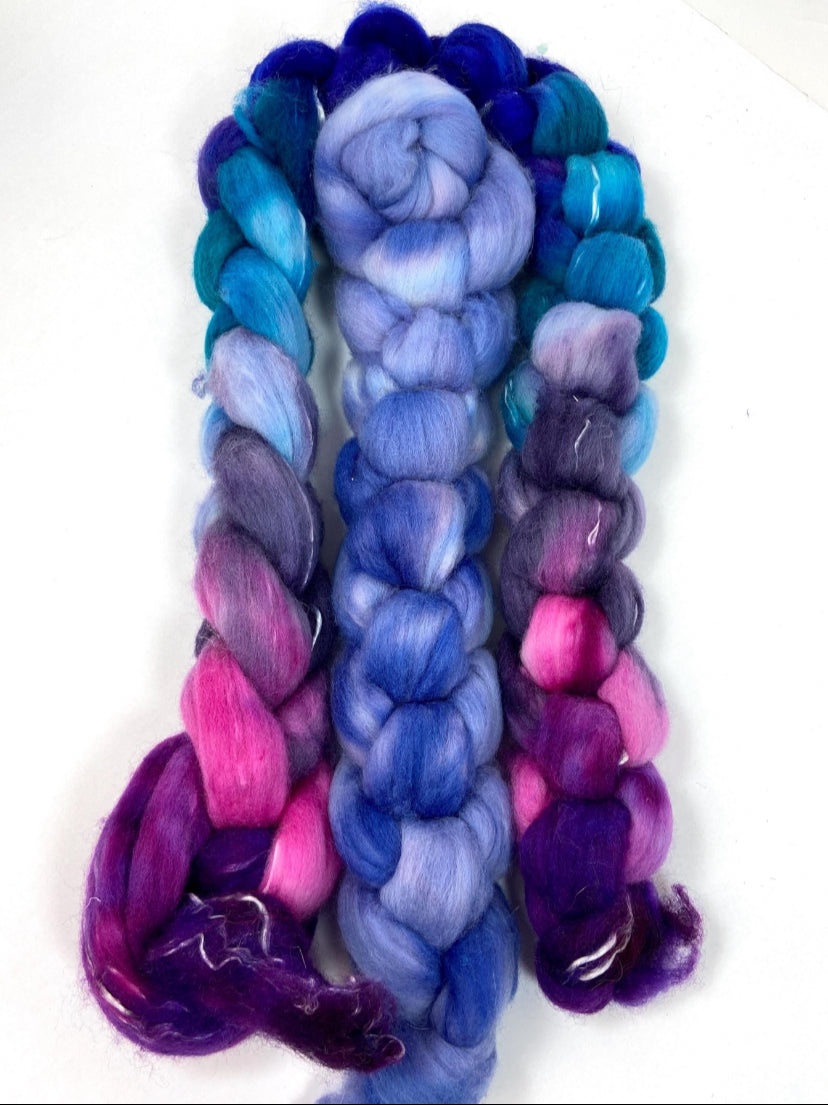 Midnight Fantastic and Blue Hydrangea Ply Party - 6 oz total, Falkland Merino wool combed top, roving, spinning fiber, handspinning, felt