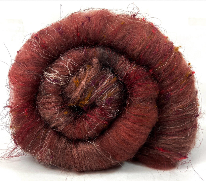 SALE Mahogany Batt 0710-01 - 2.6 oz Falkland Merino wool, silk, noils, spinning fiber, handspinning, nuno, felting wool, weaving