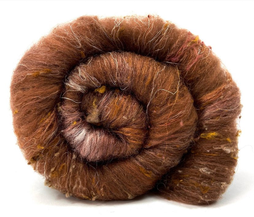Cinnamon Batt 0710-02 - 2.5 oz Falkland Merino wool, silk, noils, spinning fiber, handspinning, nuno, felting wool, weaving
