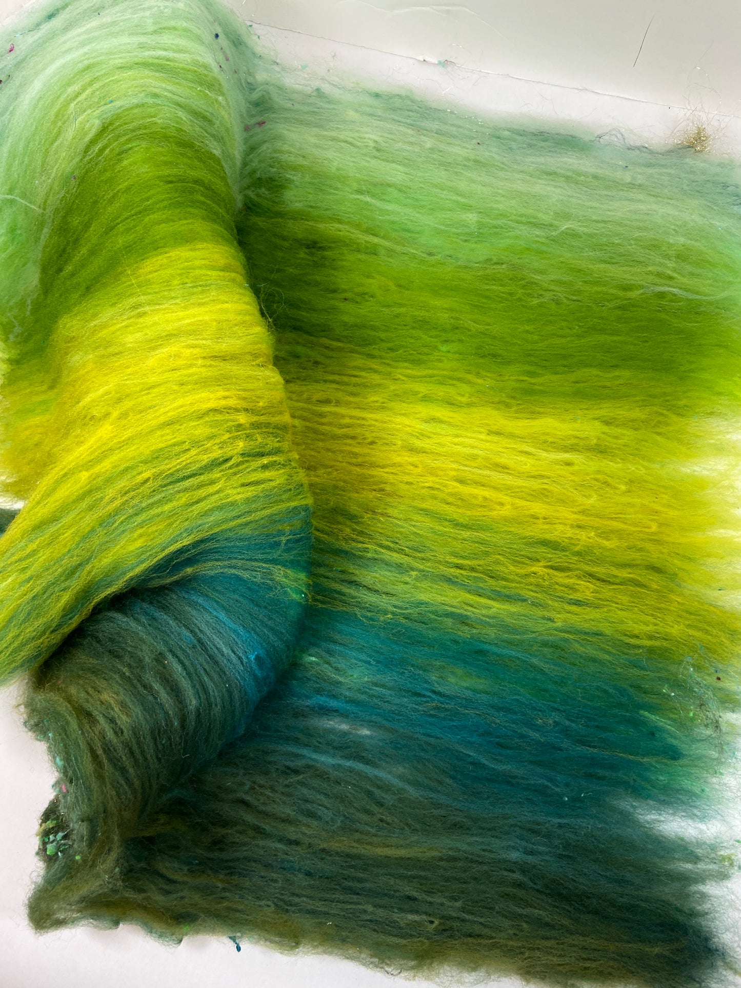 Emerald Isle Batt 1018-01- 2.6 oz Targhee wool, silk, noils, spinning fiber, drumcarded, handspinning, nuno, felting wool, weaving