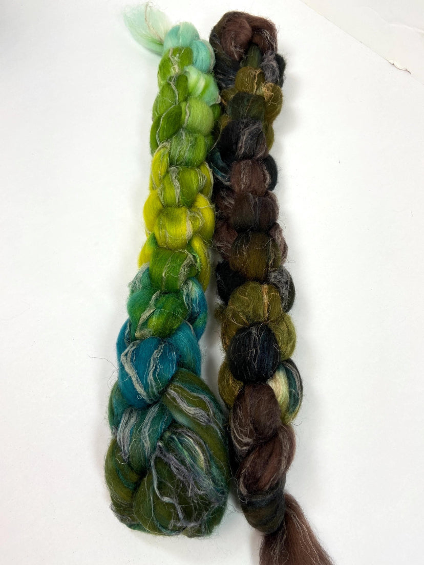 Emerald Isle MG and Peat Bog SC combo - 4 oz total, Merino/silk/flax wool combed top, roving, spinning fiber, handspinning, felting, weave