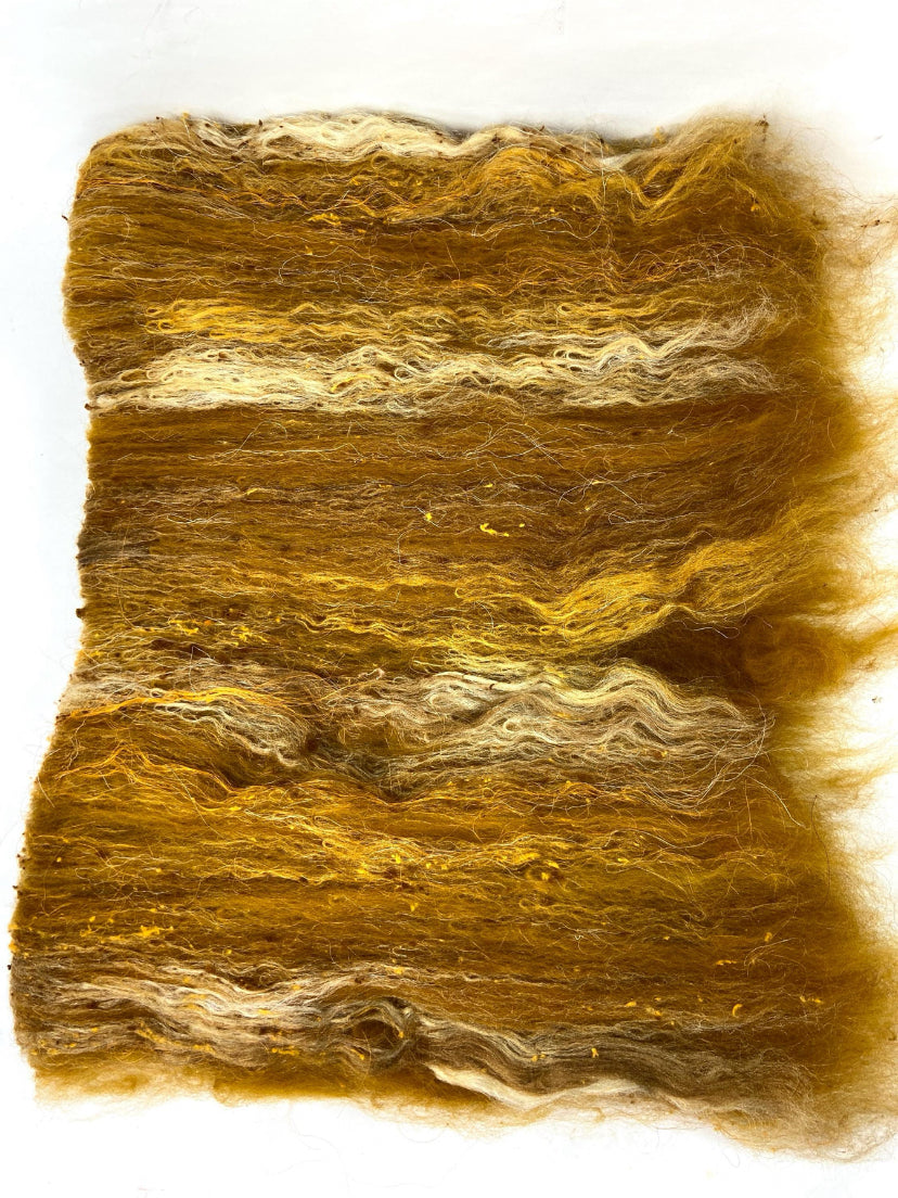Mustard Olive Batt 0710-03 - 2.6 oz Falkland Islands Merino wool, silk, noils, spinning fiber, handspinning, nuno, felting wool, weaving