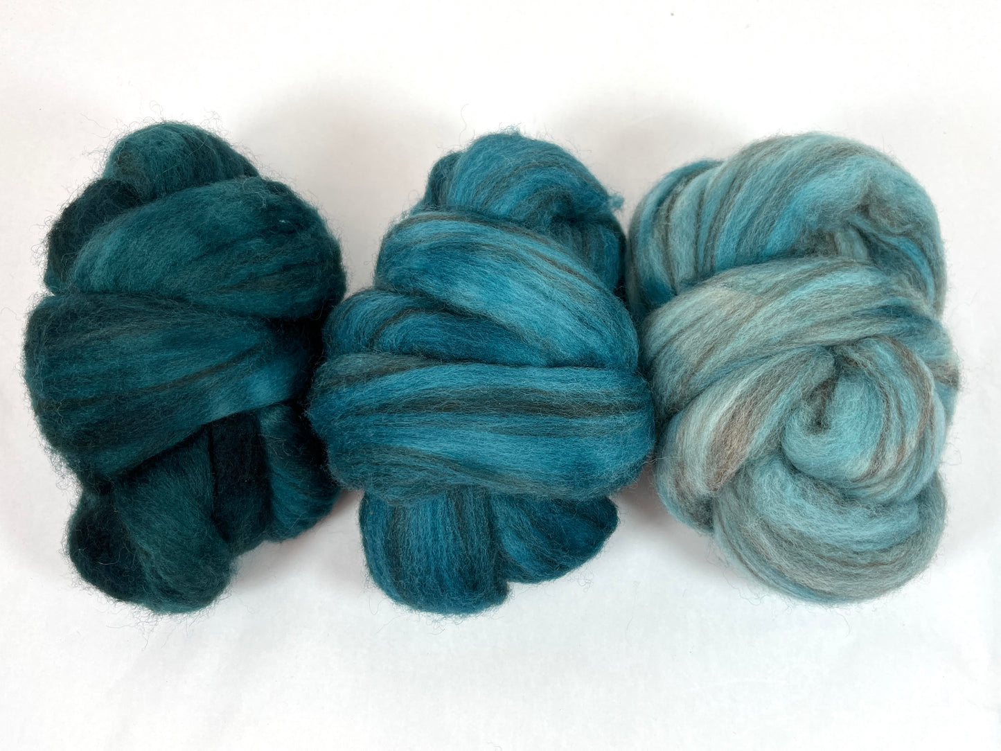 Gradient Set - Mallard, Teal and Seafoam - 6 oz BFL Swirl wool combed top, roving, spinning fiber, handspinning, felting, needle felting, weaving supplies