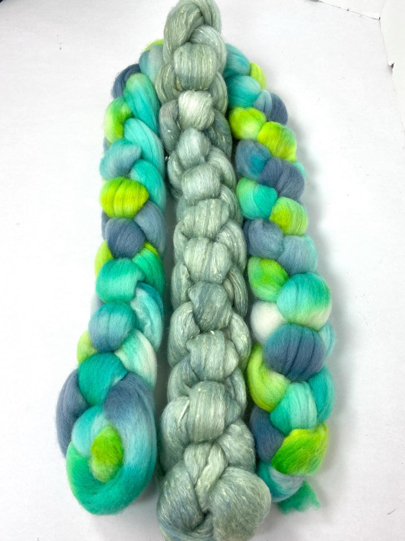 Water Sprite and Celadon Ply Party - 6 oz total, Falkland Merino wool combed top, roving, spinning fiber, handspinning, felting, nuno