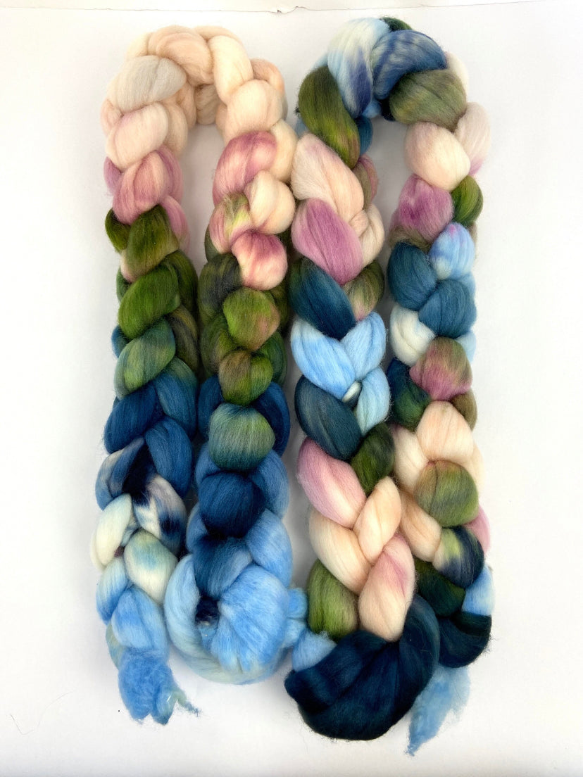 Humble Pie SC - 4 oz hand painted wool combed top, roving, spinning fiber, handspinning, felting