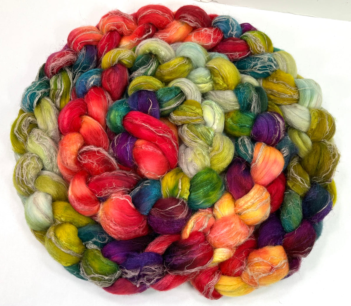 Day's End 0918-02, 8.3 oz Merino, silk, flax wool combed top, roving, spinning fiber, handspinning, felting, needle felting, weaving supplies