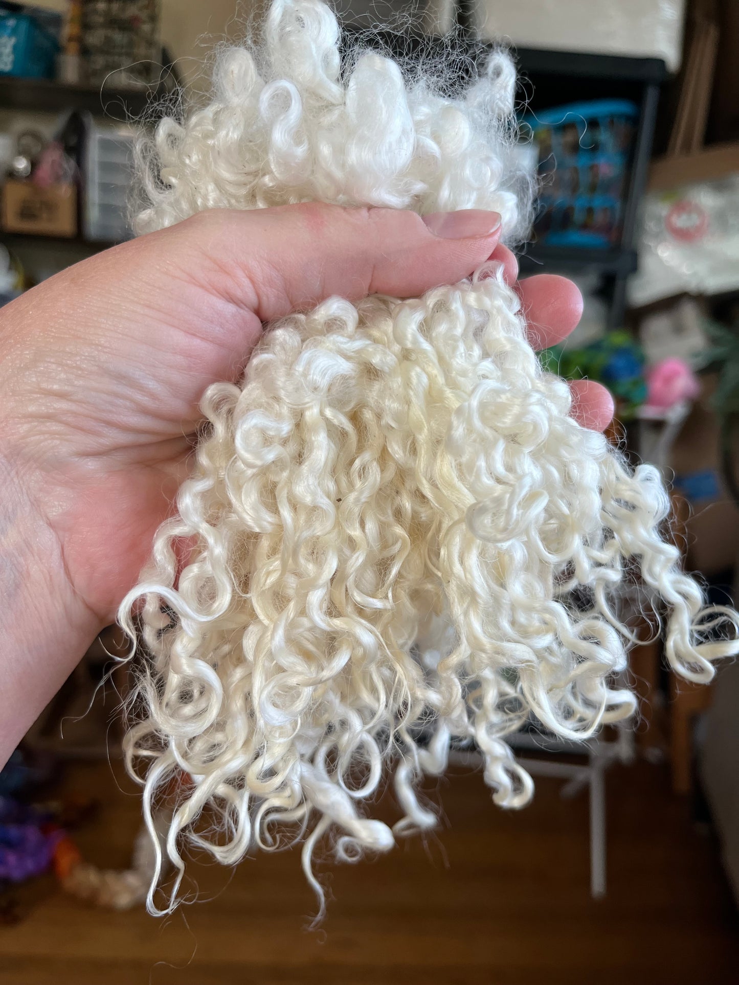 Undyed White Wensleydale locks, 1 oz, clean, separated, spinning, felting, fiber art, doll hair, nuno, lockspun yarn, 0715-06