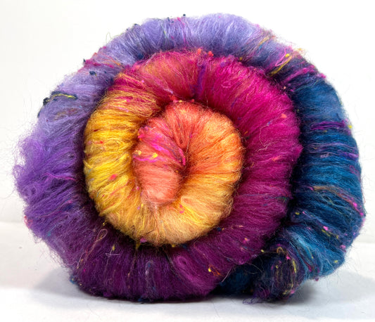 Big Sky Sunset Batt 1215-07 - 2.7 oz Cormo wool, silk, noils, spinning fiber, drumcarded, handspinning, nuno, felting wool