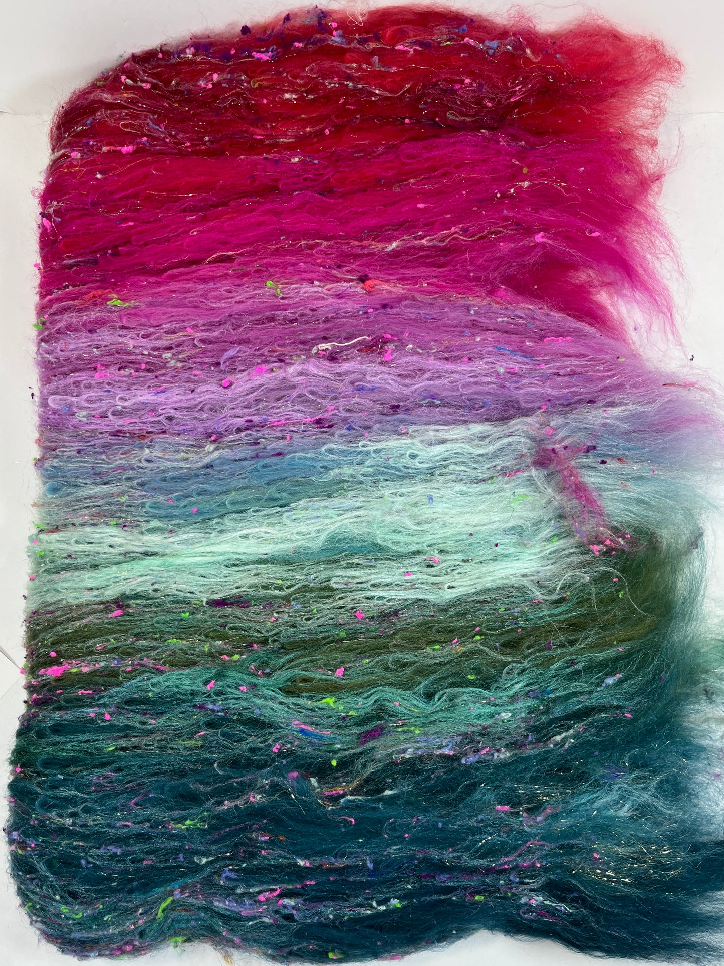 Lorelei Batt 0110-03 - 2.6 oz Falkland Merino wool, silk, noils, spinning fiber, drumcarded, handspinning, nuno, felting wool