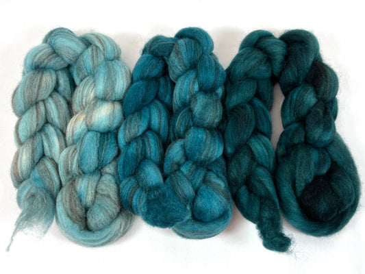 Gradient Set - Mallard, Teal and Seafoam - 6 oz BFL Swirl wool combed top, roving, spinning fiber, handspinning, felting, needle felting, weaving supplies