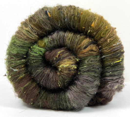 Peat Bog Batt 1012-08 - 2.7 oz Falkland Merino wool, silk, noils, spinning fiber, drumcarded, handspinning, nuno, felting wool, weaving