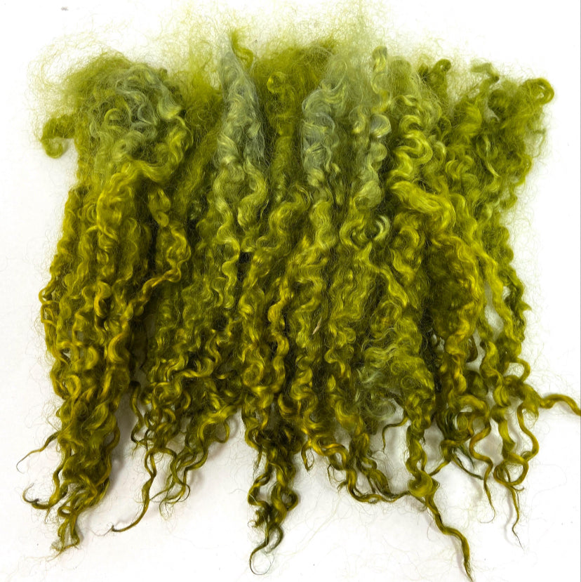 Wensleydale locks, Ripe Olive, 6-8 inches long, super clean, spinning, long locks, felting, doll hair, nuno, lockspun yarn, doll wig