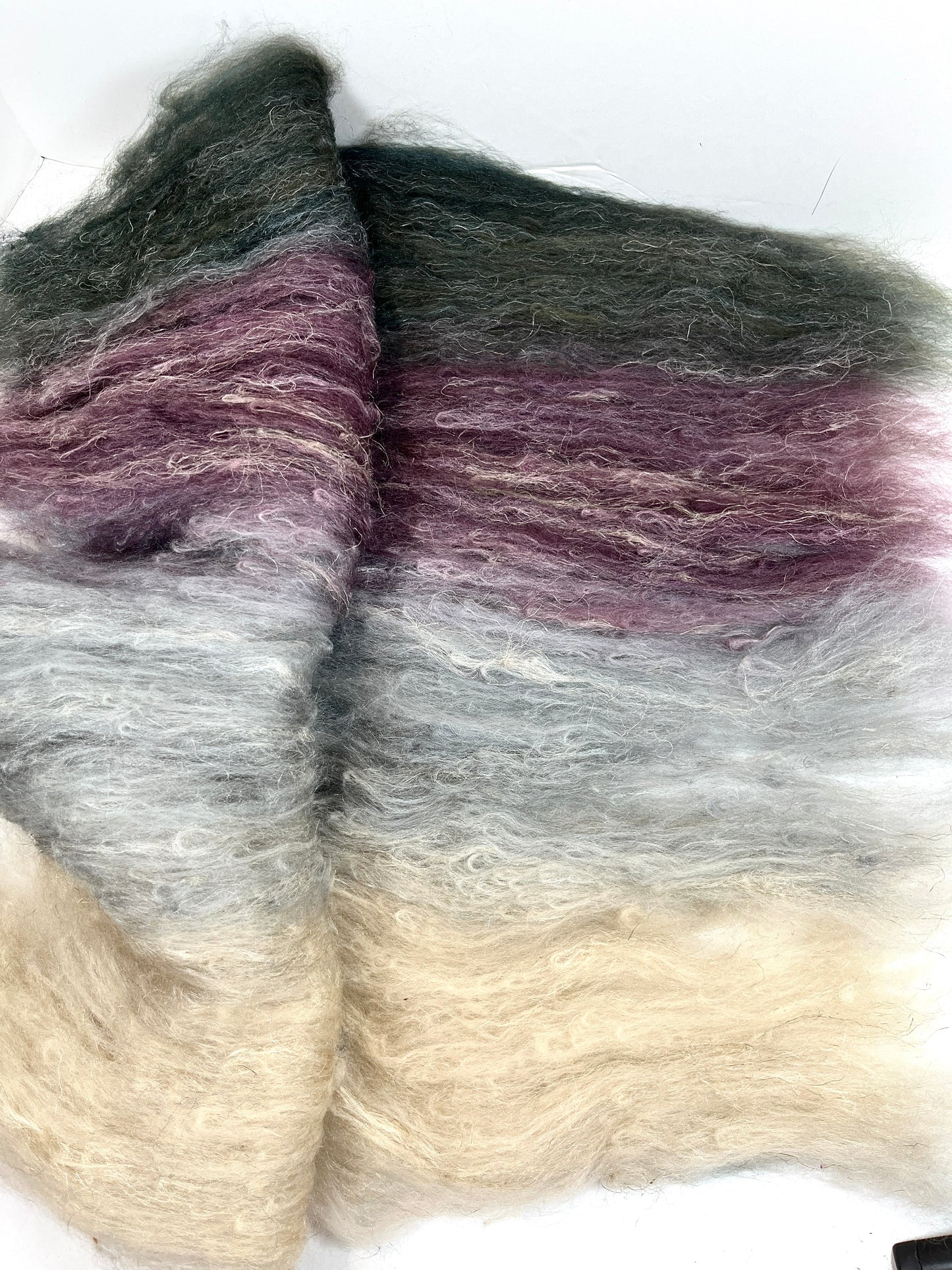 Morning Fog Batt 0211-04 - 2 oz Merino, silk, flax wool, silk, spinning fiber, drumcarded, handspinning, nuno, felting wool