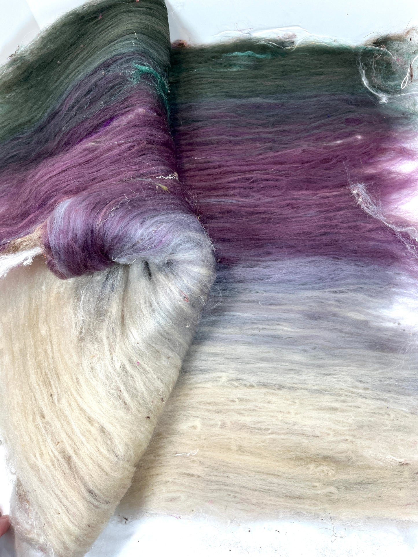 Morning Fog Batt 0104-02 - 2.5 oz Polwarth wool, silk, noils, spinning fiber, drumcarded, handspinning, nuno, felting wool