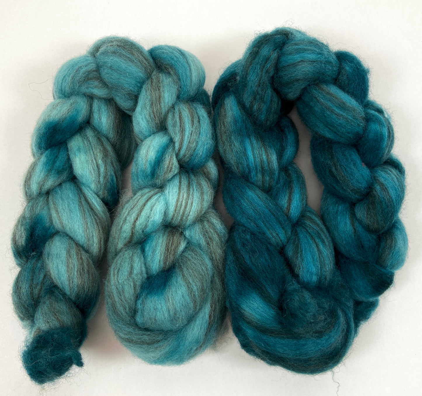 Soft Aqua and Mallard combo - 4 oz total, BFL Swirl wool combed top, roving, spinning fiber, handspinning, felting