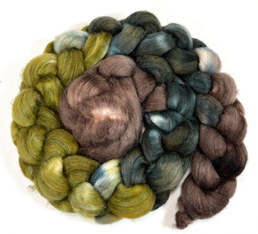 Peat Bog Half Strength MG - 4 oz 85/15 Polwarth and silk combed top, roving, spinning fiber, handspinning, felting, needle felting, weaving supplies