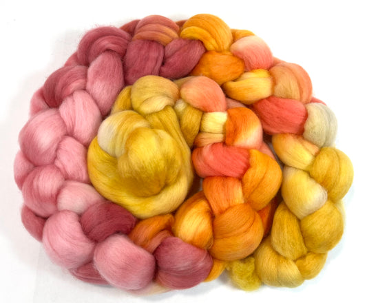 Peach Melba MG - 4 oz hand painted wool combed top, roving, spinning fiber, handspinning, felting
