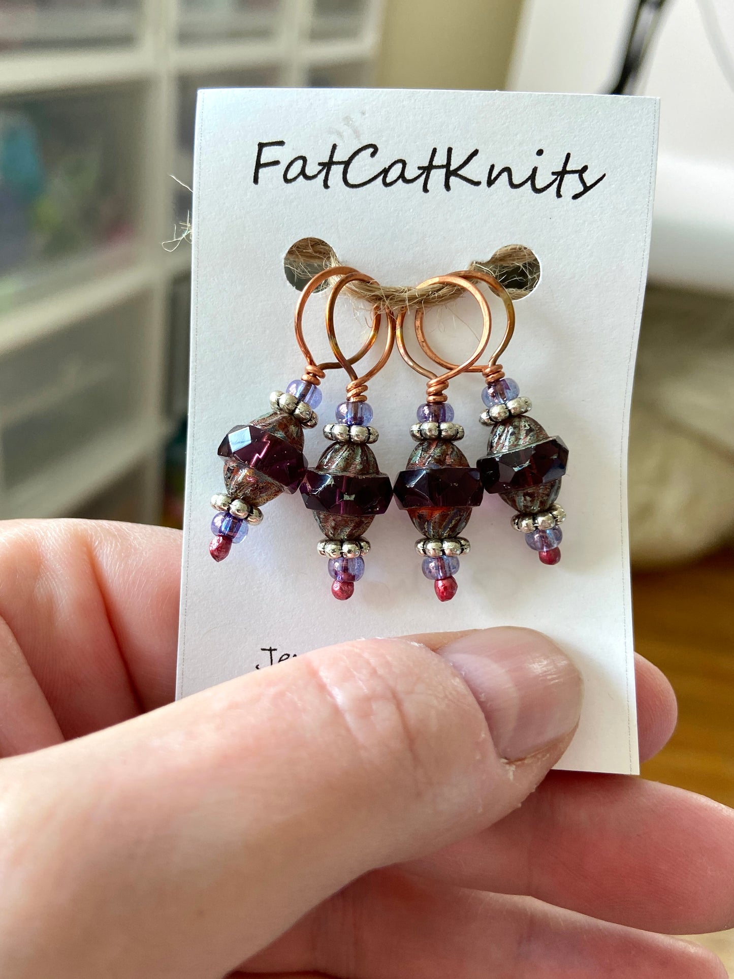 Handmade stitch markers, copper and czech glass, fits up to 7.5mm knitting needles, set of 4, bracelet charms, Czech glass charms, SM0108-02