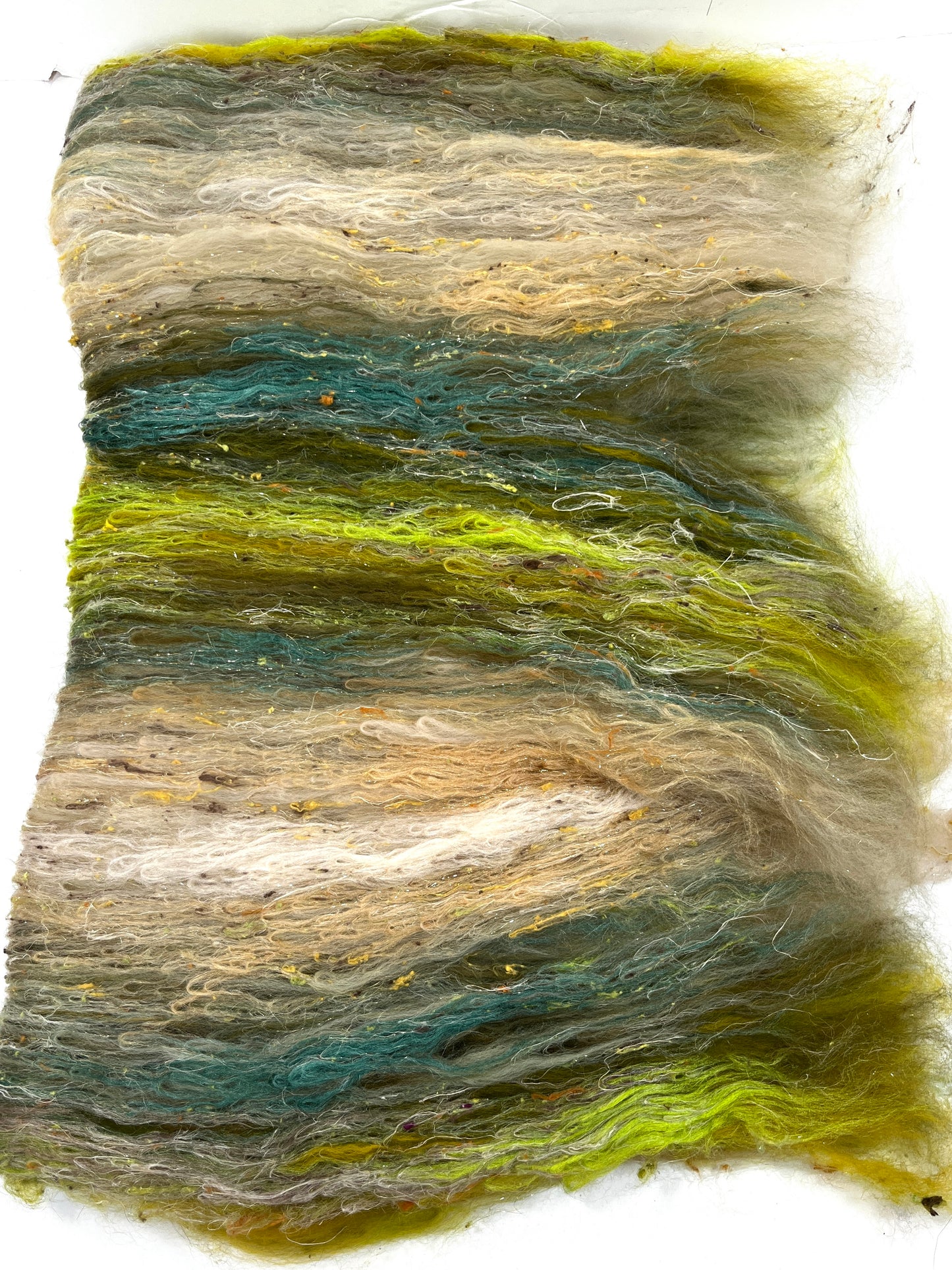Willow Batt 0120-06 - 2.7 oz Falkland Merino wool, silk, hemp, noils, spinning fiber, drumcarded, handspinning, nuno, felting wool