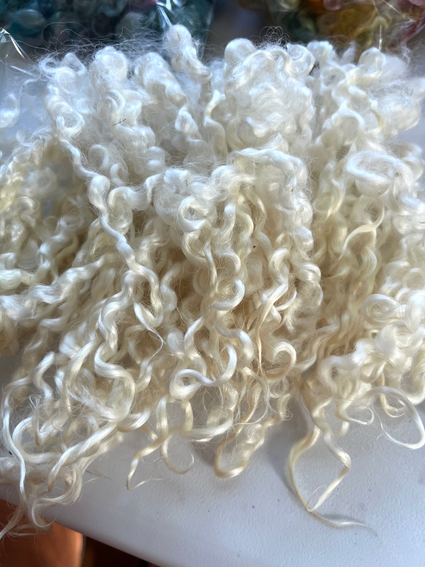 Undyed White Wensleydale locks, 1 oz, clean, separated, spinning, felting, fiber art, doll hair, nuno, lockspun yarn, 0715-06