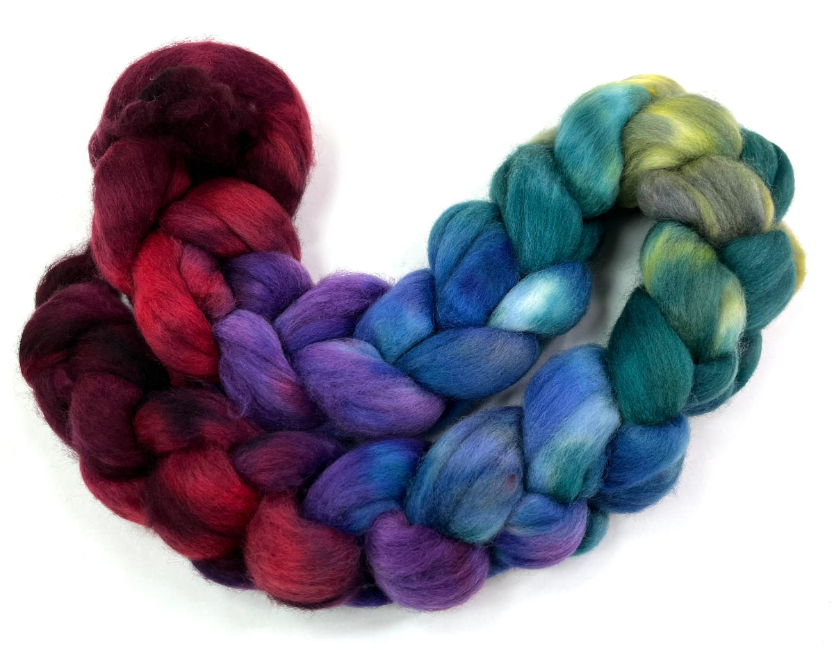 Madeline MG - 4 oz hand painted wool combed top, roving, spinning fiber, handspinning, felting